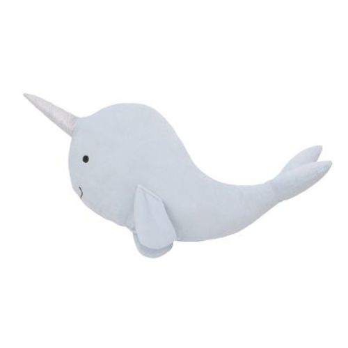 Little Love by NoJo Light Blue Whimsical Narwhal Shaped Decorative Pillow with 3D Silver Metallic Horn