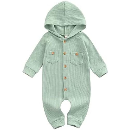 Ynibbim Winter Newborn Baby Boy Girl Solid Romper Unisex Infants Hooded Outfit Clothes Waffle Cotton Button Jumpsuits