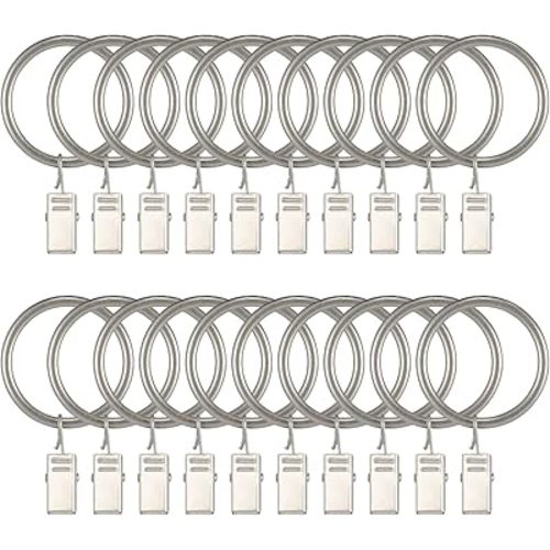 Goowin 20 Pcs Curtain Hooks, 1.5 inch Curtain Rings, Rustproof Curtain Rings with Clips, Metal Solid Curtain Clips with Rings, Decorative Vintage Curtain Hooks for Drapes (Matte Nickel)