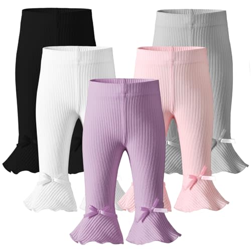 Dalukit Newborn Toddler Baby Girl Pants Leggings Ribbed Straight Flare Infant Girl Pants Leggings Bell Bottoms 5 Packs