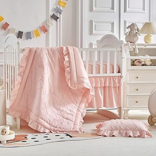 AIKASY The Ruffled Shabby Crib Bedding Set for Girls, Baby Quilted Comforter with Fitted Sheet, Bed Skirt, and Pillowcase(Coral Pink)