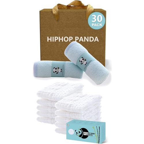 HIPHOP PANDA 10 Pack 6-Layers Cotton Muslin Burp Cloths and 30 Pack Blue Baby Washcloths, Rayon Made from Bamboo