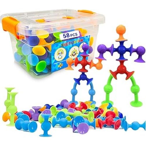 58 Piece Suction Fun Sticky Toy Set with Storage Bin, BPA Free Silicone, Stimulating Sensory Travel Bathtub Window Toys for Kids Boys Girls, Medium