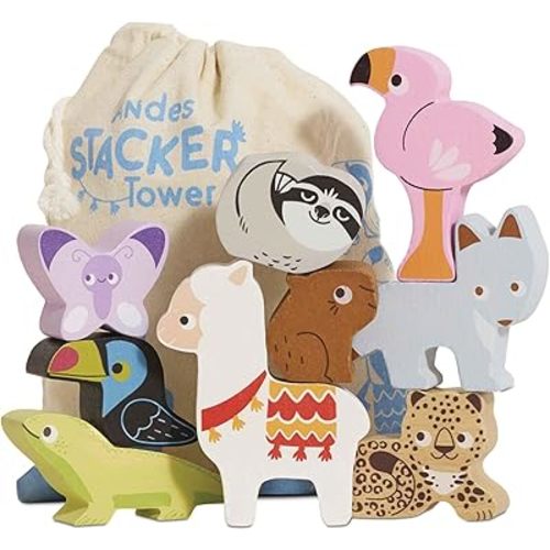 Le Toy Van - Wooden Toys - Andes Stacking & Bag - Petilou Forest Building Blocks Stacker & Bag Educational Balancing Activity Toy - Wooden Blocks Tropical Animal Toys - Kids Toys Age 18 Months +