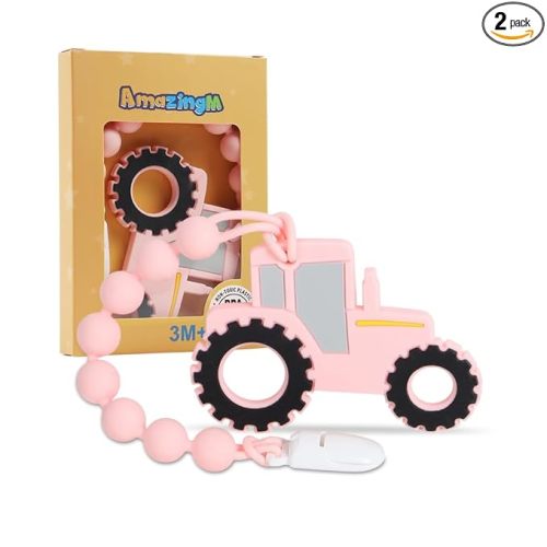 Baby Food Grade Silicone Tractor Truck Teether Toy with One Piece Design Pacifier Clip Holder,Teething Toys Gift Set for 3 Months+ Boys and Girls,Freezer Safe,BPA Free. (Pink)