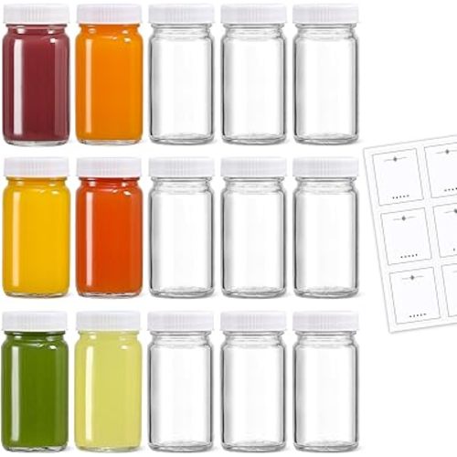 LANDNEOO 15 Pack 2 oz Glass Shot Bottles w/White Lids & 15 Labels - Small Clear Jar for Ginger, Wellness Shot, Juice, Sample, Whiskey - Travel Mini Bottles - Wide Mouth, Leakproof, Dishwasher Safe