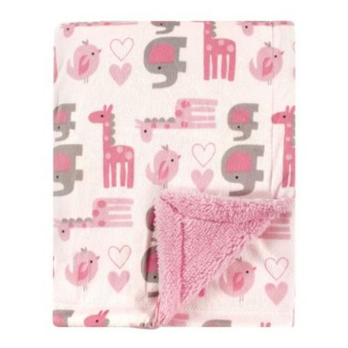 Luvable Friends Baby Girl Plush Blanket With Faux Shearling Back, Girl Safari, One Size