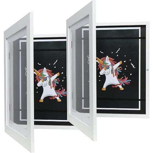 FrameWorks 2-Pack, 10” x 12.5” White Wooden Kids Art Frame - Frames for Kids Artwork with Gallery Style Edges, Tempered Glass Art Frame for Home Decor, Art Display for Kids with Elastic Straps