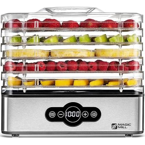 Magic Mill Food Dehydrator Machine | 5 Stackable Stainless Steel Trays, 48H Digital Adjustable Timer & Temperature Control Upto 167° Electric Dryer & Preserver for Jerky, Fruit, Dog Treats & Much More