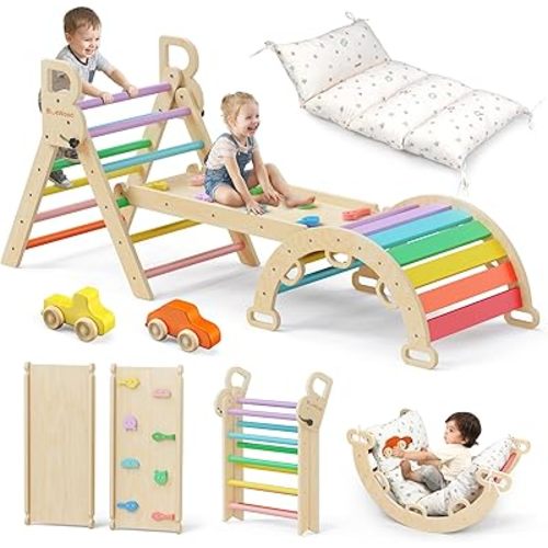 BlueWood Pikler Triangle Set with Cushion - Climbing Toys for Toddlers 9-in-1, Montessori Philosophy Play Jungle Gym with Arch, Ramp, Ladder (Rainbow)