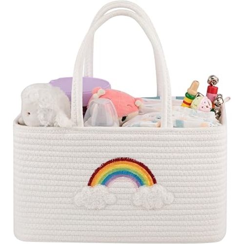 OIAHOMY Large Baby Diaper Caddy Organizer, Portable Diaper Basket with Handles, Baby Gift Basket with Rainbow-White Design
