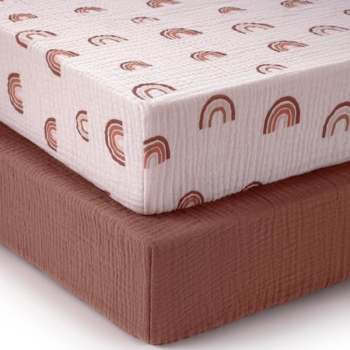 Muslin Crib Sheets Girl, Cotton Neutral Crib Sheet for Baby Girls and Boys, Fitted for Standard Crib Mattress & Toddler Bed Mattress (52"x28"), Soft and Breathable, 2 Pack (Rainbow&Cedar) - Rainbow&cedar - Crib Sheets 2 Pack