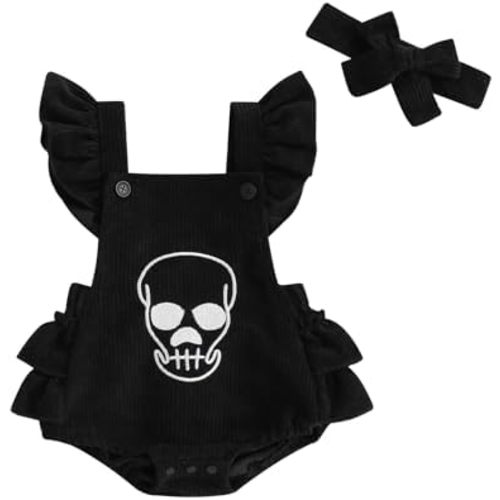 Baby Girls Halloween Outfit Sleeveless Strap Button Romper Dress Skull Embroidery Bodysuit Infant Newborn Clothes