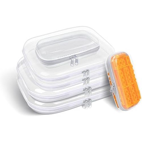 Clear Hard Plastic Zipper Case,Transparent Double Zippers Hard Pouch with 6pcs,Portable Travel Organizer Bin for Toy Storage