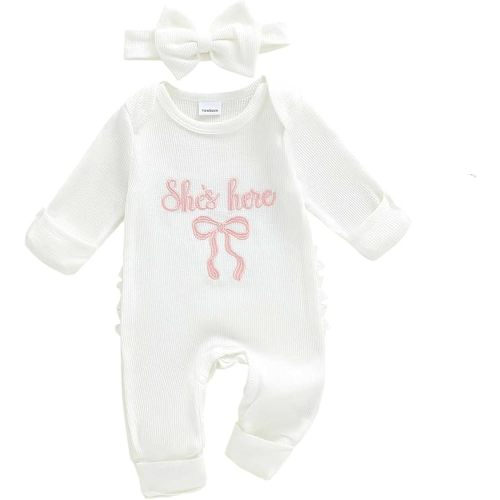FIOMVA Im New Here Newborn Outfit Girl Long Sleeve Letter Romper Ribbed Knit Jumpsuit Baby Girl Preemie Coming Home Outfit