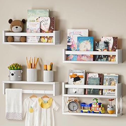 Nursery Book Shelves Set of 4+1, 16.5inch Floating Wall Bookshelf for Kids, White Book Shelf Organizer for Baby Nursery Room, Wall Shelves for Bedroom Decor, Toy Storage Shelves