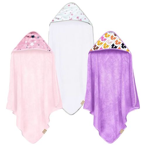 CORAL DOCK 3 Pack Baby Hooded Bath Towel Sets, Ultra Absorbent Baby Essentials Item for Newborn Boy Girl, Baby Bath Shower Towel Gifts for Infant and Toddler - Cute Pink Starry Sky