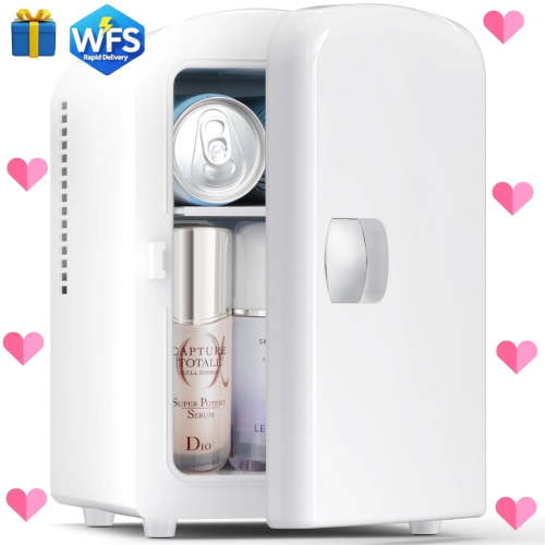 Auseo Mini Fridge Personal Beauty Refrigerator, Freon-Free & Eco Friendly, Includes Plugs for Home Outlet & DC Charger, Dorm Room, 4 Liter, White