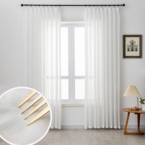 Off White Sheer Curtains Pinch Pleated Curtains & Drapes 96 Inches Long 1 Panel Lightweight Light Filtering Curtain for Living Room Bedroom Semi Sheer Window Curtain, W52 x L96