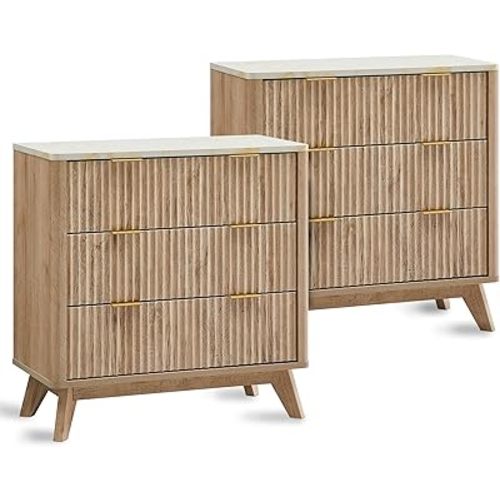 T4TREAM 32" Tall Fluted Nightstand Set of 2, Modern Side Table with Faux Marble Top, 3 Drawers End Table w/Storage, BedsideTable for Bedroom, Living Room, Curved Profile Design, Natural Oak
