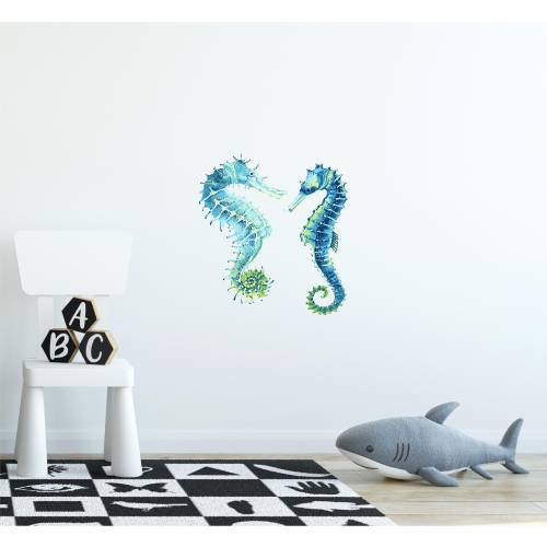 Blue Green Whimsical Seahorse Wall Decal Set of 2 Ocean Sea Life Removable Fabric Wall Sticker