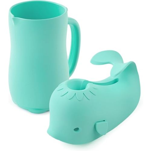 Bathtub Faucet Cover + Rinse Cup Set, Bath Tub Spout Cover for Baby Kids, Baby Wash Rinser Cup Shampoo Bath Rinser Cup, Turquoise Bath Gift Set