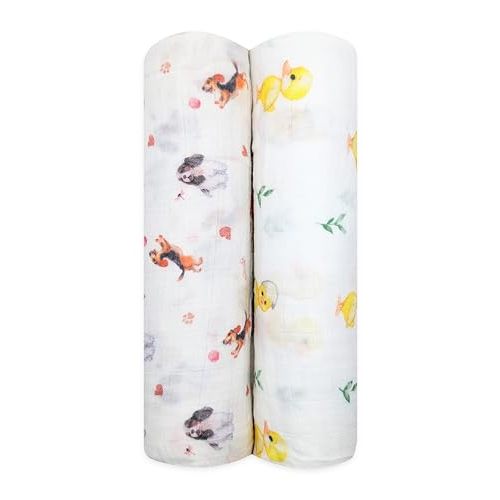 Stellar Kiddos Muslin Swaddle Blankets, Soft Breathable Cozy Baby Blankets for Newborn Boys and Girls, 47” X 47“, 2 Pack Receiving Swaddles, 70% Viscose from Bamboo 30% Cotton (Playful Pals)