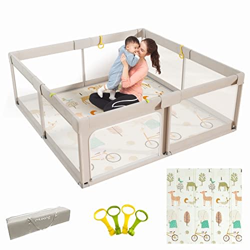 Mloong Baby Playpen with Mat, 59x59 Inches Extra Large Playpen for Babies and Toddlers, Indoor & Outdoor Activity Center, Safety Baby Fence with Gate