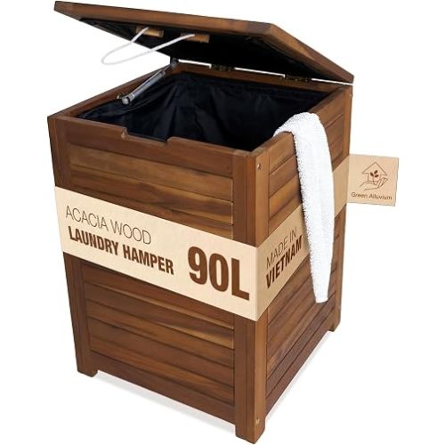 Acacia Wood Laundry Hamper With Lid, Handles And Removable Liner Bag, Tall 90L - Large Wood Laundry Basket - Clothes Hamper For Bedroom Aesthetic, Bathroom, Laundry Room