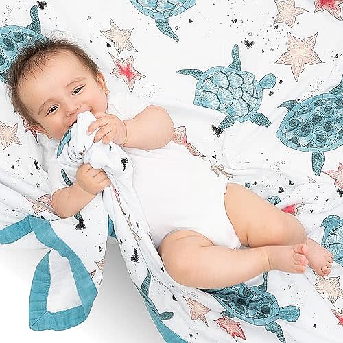 JumpOff Jo - Baby Muslin Swaddle Blanket, 47" x 47" - Ultra Soft 70% Rayon derived from Bamboo & Muslin 30% Cotton Lightweight Receiving Blanket, Machine Washable (Seaside Turtle)
