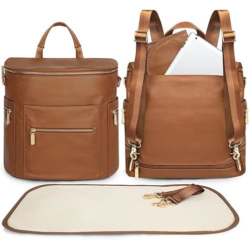 Large Leather Diaper Bag Backpack with Changing Pad, Stroller Straps, and 2 Insulated Pockets(Convertible, Brown)
