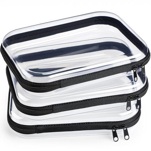 Hoolerry 3 Pcs Clear Hard Zipper Case Plastic Pouch Transparent Hard Case Clear Makeup Bag Portable Travel Organizer Bin for Cosmetics, Building Blocks, Puzzles (Black,M)