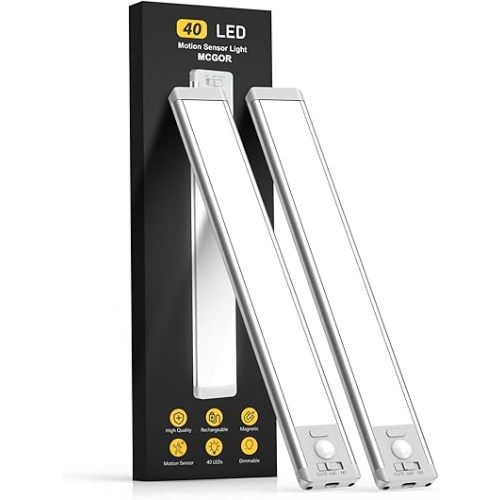 Under Cabinet Lights,40 LED Rechargeable Battery Operated Motion Sensor Light Indoor, 2 Pack Magnetic Dimmable Closet Lights, Wireless Under Counter Lights for Kitchen, Stairs