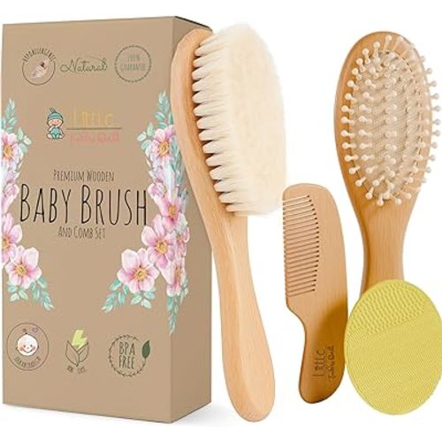 Baby Hair Brush and Comb Set for Newborn Wooden 4 Piece Soft Goat Hair Bristles, and Comb Set for Newborn Girl Boy and Toddler Soft Cradle Cap New Born Infant Hair Brushes Perfect Baby Registry Gift