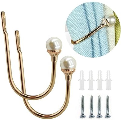 Coolnice 2 Pack Curtain Holdbacks Wall Mounted Curtain Tiebacks Hooks Plastic Pearl U Shape Curtain Tiebacks with Screws Curtain Ties for Home Office-Gold