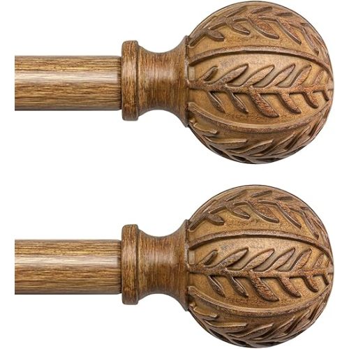 2 Pack Wood Curtain Rods for Windows 28 to 48 Inch, 1'' Adjustable Decorative Drapery Rods with Imitation Wood Grain Leaf Pattern Finials, Boho Heavy Duty Window Curtain Rods Set 18''-60''
