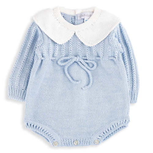Powder Blue Cotton Knit Romper with White Collar - 9m