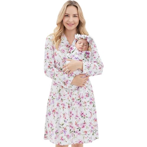 V.&GRIN Mommy and Me Robe and Swaddle Set, Maternity Robe and Matching Baby Blanket | Hospital Outfits Labor Delivery