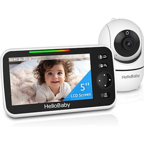 HelloBaby Upgrade Baby Monitor, 5''Sreen with 30-Hour Battery, Pan-Tilt-Zoom Video Baby Monitor with Camera and Audio, Night Vision, VOX, 2-Way Talk, 8 Lullabies and 1000ft Range No WiFi