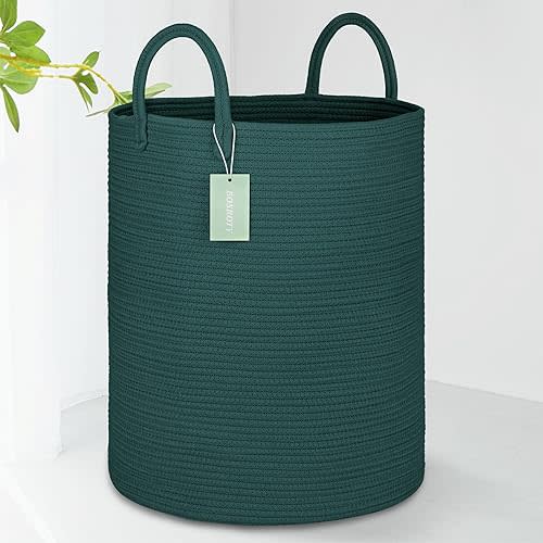 Large Laundry Hamper Basket for Girls Boys Kids 65L, Tall Nursery Hamper with Handles, Woven Blanket Basket for Storage Toys Clothes Towels, 16”x 20”, Dark Green