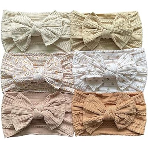 6 Pcs Soft Cable Knit Baby Nylon Headbands,Top Knot Wide Nylon Turban Head Wraps Kids Girls Hair Bows (Set2)