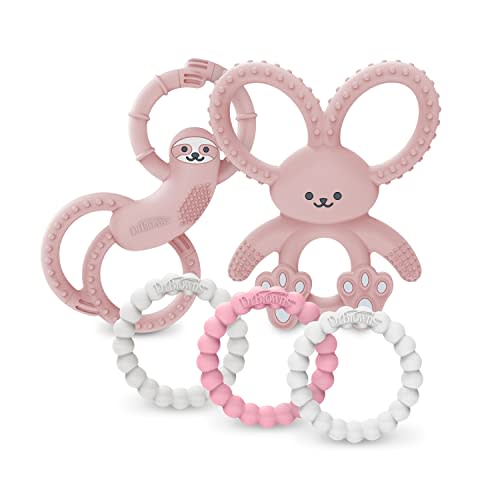 Dr. Brown’s Flexees Beaded Teether Rings, Bunny, and Sloth, 100% Silicone, Soft & Easy to Hold, Encourages Self-Soothe, 5-Pack, Pink, White, Light Pink, BPA Free, 3m+