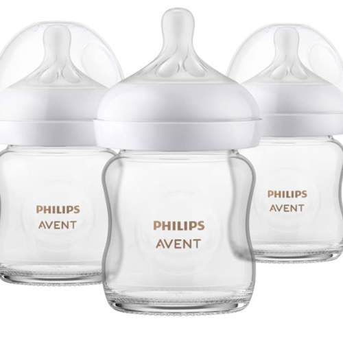 Philips Avent Natural Glass Baby Bottles with Natural Response Nipples (Slow Flow, Flow 2), 4oz, 3-pack, SCY910/03