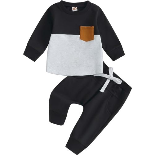 Toddler Baby Boy Outfits Long Sleeve Pocket Pull On Sweatshirt Solid Pants Infant Fall Winter Clothes Set