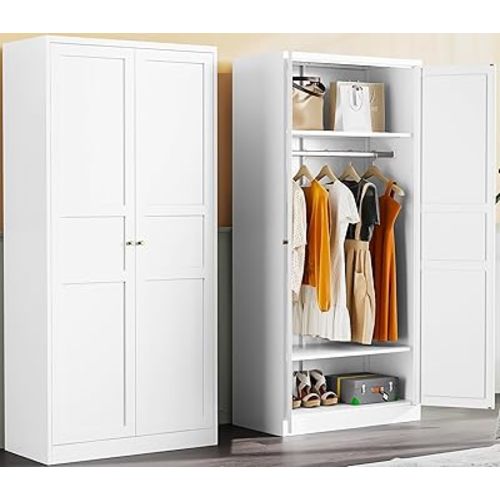 Metal Wardrobe Cabinet with Hanging Rod,White Armoire Wardrobe Closet,Metal Clothing Storage Cabinet with Adjustable Shelves and Doors,72" Wardrobes Storage Cabinet for Home,Living/Laundry Room