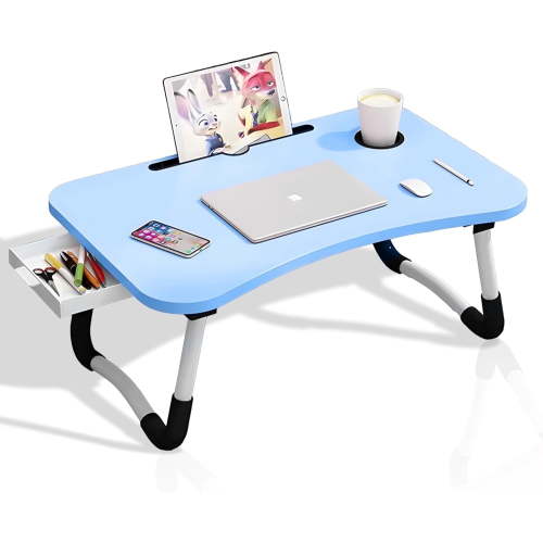 VINAUO Lap Desks,Foldable Laptop Desk,Breakfast on Bed Table,Lightweight Laptop Bed Tray Table,Breakfast Tray Cup Holder Table for Bed,School Supplies,Blue