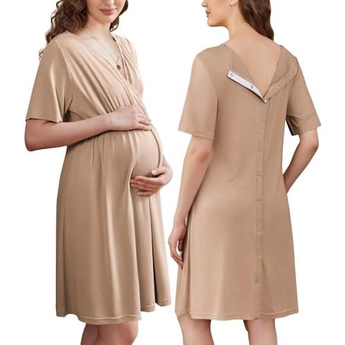 Ekouaer Labor and Delivery Gown for Hospital Short Sleeve Maternity Nursing Dress Nightgown with Button S-XXL