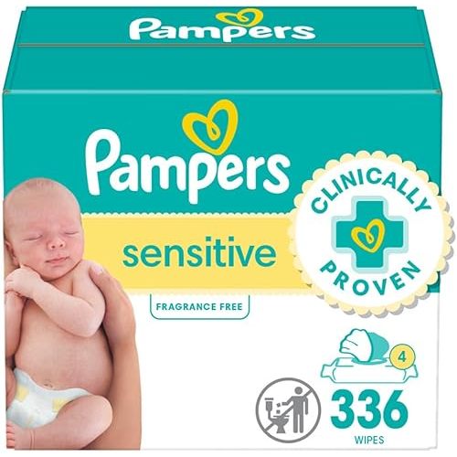 Pampers Baby Wipes, Sensitive, Water Based Wipe, Clinically Proven, Hypoallergenic, and Unscented for Babies, 336 Wipes Total (4 Flip-Top Packs)
