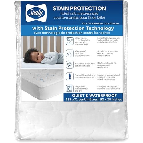 Waterproof Crib Mattress Protector Cover - Sealy Baby Stain Protection Fitted Toddler Bed Pad, Protective Sheet for Boys and Girls Bedding, Noiseless & Machine Washable/Dryer Friendly 52x28 - White