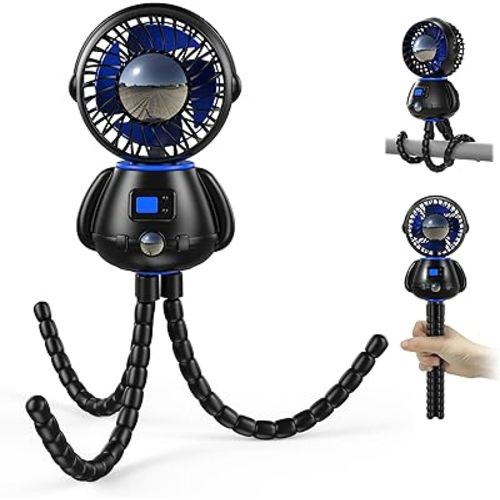 Koonie Astronaut Portable Stroller Fan, Baby-Safe Clip-on with Detachable Flexible Tripod, Rechargeable Battery-Operated, 3-Speeds, 270° Rotation - Ideal for Car Seats, Cribs, Treadmills, Travel